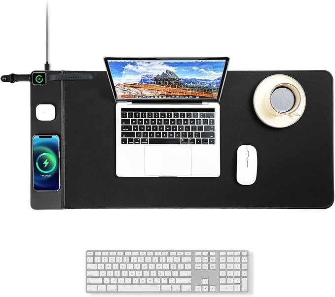 VOVIPO 3 in 1 Wireless Charging Mouse Pad, Gaming Mousepad with Wireless Charger Multiple Devices Compitable with Watch/iPhone/Airpods, Large Desk Mat 90 x 40cm,Desk Pad for MacBook, PC, Laptop-Black by VOVIPO