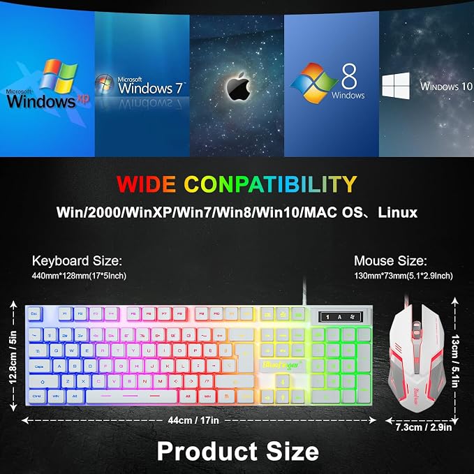 BlueFinger RGB Gaming Keyboard and Backlit Mouse Combo, USB Wired, LED Gaming Set for Laptop PC Computer Game and Work(White) - Image 7
