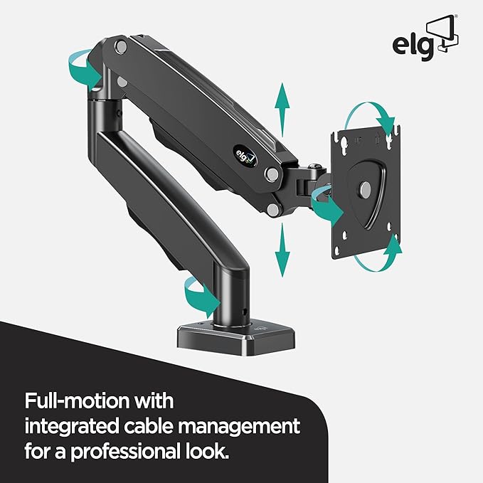 ELG Gas Spring Monitor Arm, Full Motion, 20.9" Reach, 17-35" Screens 19.8 lbs, +85°/-30° Tilt, 360° Rotation, C-Clamp & Grommet, VESA 75x75 to 100x100mm, Cable Organizer, Black - Image 5