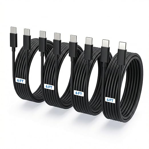 4-Pack 6ft 60W USB C to C Fast Charging Cable for Samsung Galaxy S26, S25 | Type C to C Charger Cord Compatible with iPhone 17, 17 Air,16,16 Plus,15, Pro Max, iPad Pro, Galaxy S24/S23/S22 - Black by TZBAY