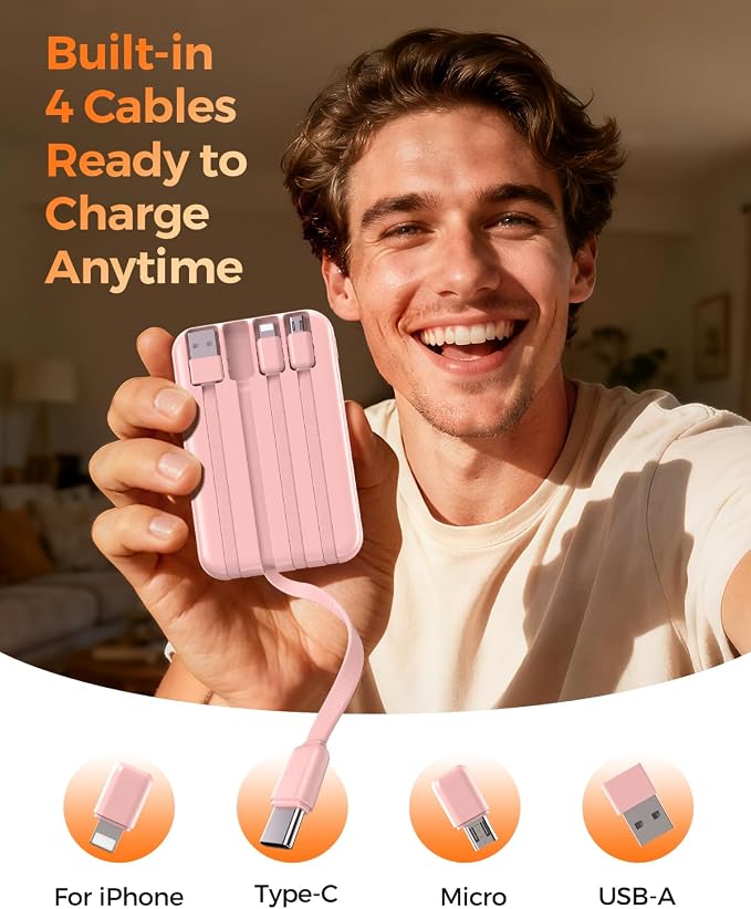 Portable Charger 10000mAh with 4 Built-in Cables 40% Smaller | Power Bank Fast Charging Battery Pack,LED Display Compact with Travel Charger for iPhone Other Devices-Pink - Image 6