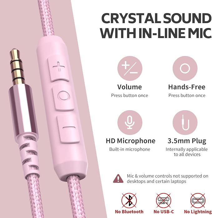 Wired Over-Ear Headphones Pink with Mic for School Work, 3.5mm Jack | Corded Passive Noise Isolating Stereo Headphones with Volume Control, Comfort Protein Leather Earcups for Teens, Women, Girls - Image 5