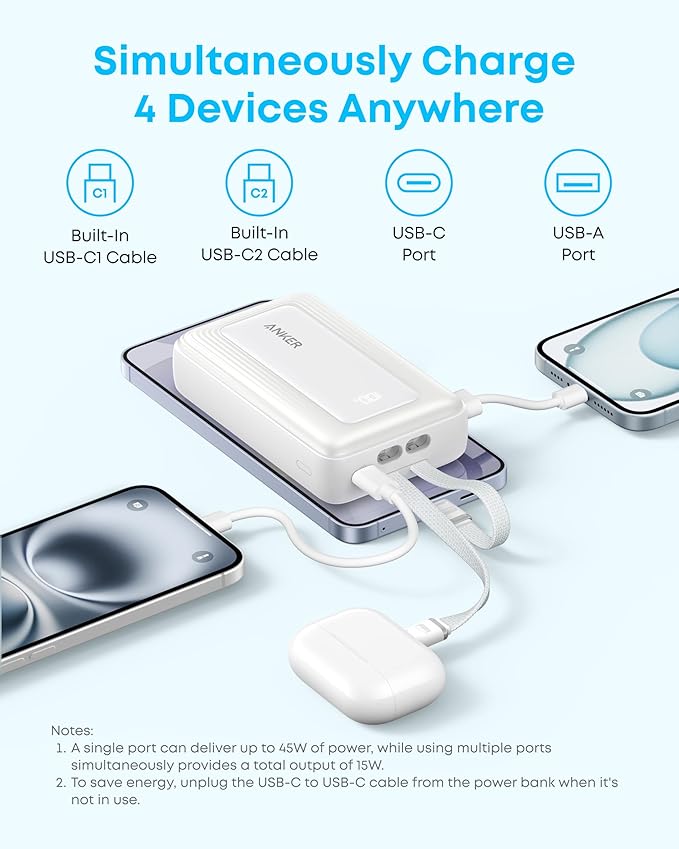Anker Power Bank,20,000mAh 45W Portable Charger,Dual Built-in USB-C Cables | 20,000mAh Portable Charger with 45W Max Fast Charging, USB-C and USB-A Ports for iPhone 17 Series, Galaxy, MacBook, and More - Image 7