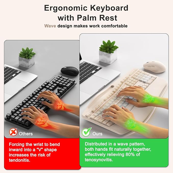 Wireless Keyboard and Mouse Combo, Ergonomic Wave Keys(Milk Tea-B) | 2.4G Full Size Keyboard with Wrist Rest, Phone Holder, 3-Level DPI Silent Mouse with 6-Buttons,for Windows/Mac OS/Laptop - Image 2