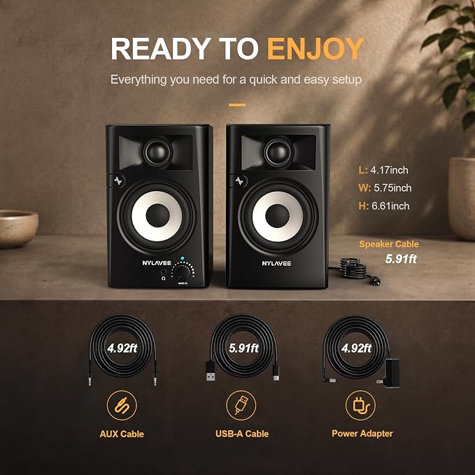 Nylavee Desktop Speakers, Hi-Res Computer Speakers for Desktop PC with LDAC | Bluetooth 6.0/USB/AUX/RCA, Bookshelf PC Speakers with Bass & Treble Control, Headphone Jack - Image 8