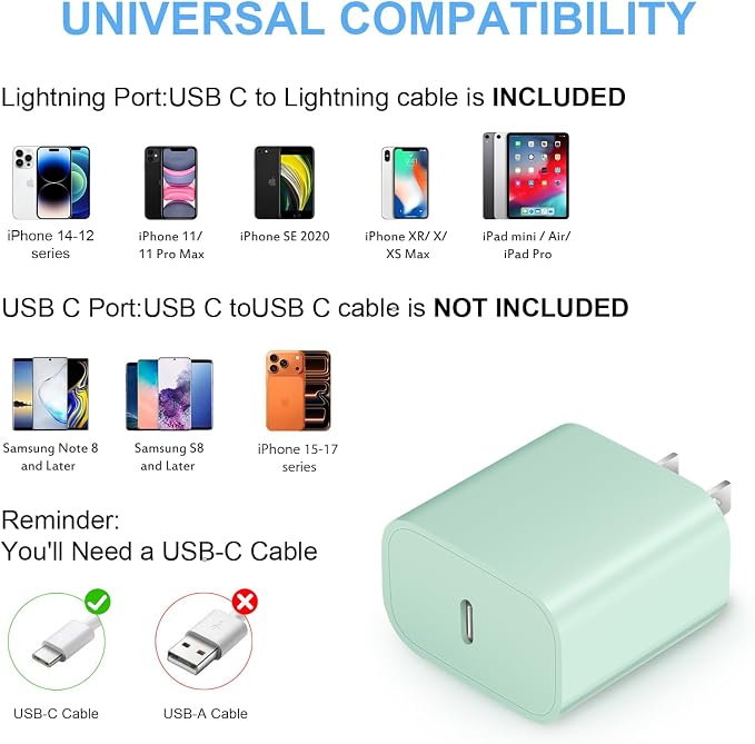 iPhone Fast Charger 3+3Pack 20W USB C Wall Charger with Extra Long 10FT Fast Charging Cable Compatible with iPhone 14/13/12/11/Pro/Pro Max-Green - Image 4