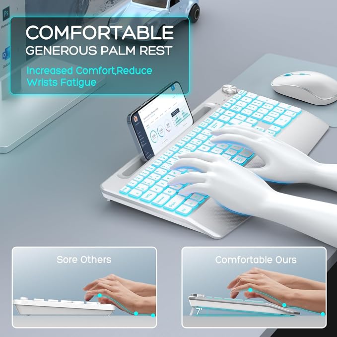 JOYACCESS Ergonomic Wireless Keyboard with Phone Holder,Rechargeable Backlt Wireless Keyboard Mouse Combo with Light Up Keys for for Laptop, PC, Mac, Windows-Silver White - Image 2