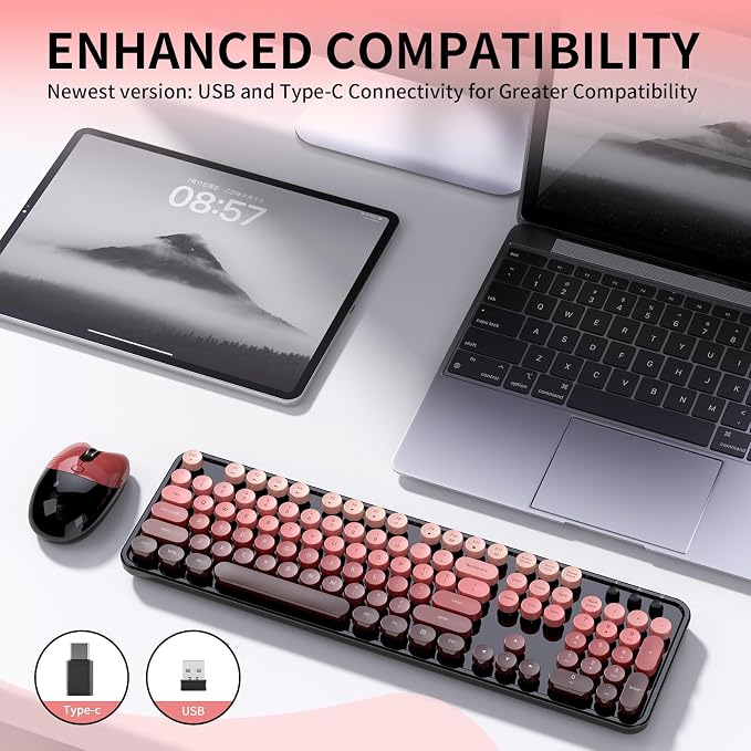 Wireless Keyboard and Mouse, 104 Round Keycaps Retro Typewriter | with OTG & Brush, Full-Size Ergonomic, Ideal for Windows PC, Home, Office and College Black Pink - Image 7