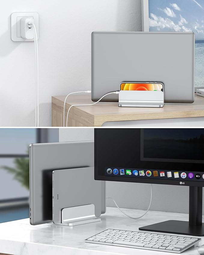 OMOTON Dual Vertical Desk Laptop Stand Holder, Fits MacBook Air/Pro, Silver | Aluminum Laptop Storage Rack for Desk, Adjustable Dock for Up to 17.3 in. Gaming Laptop, Space-Saving Desk Organizer - Image 6