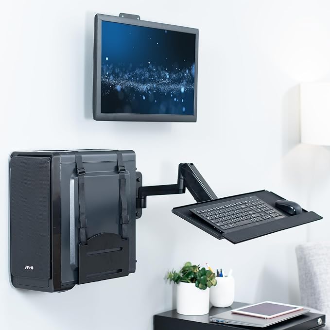 VIVO Sit-Stand 17 to 32 inch Single Monitor Wall Mount with Pneumatic Arm Keyboard Tray and PC Wall Mount Combo, Max VESA 100x100mm, Black, MOUNT-VWKB1P - Image 2