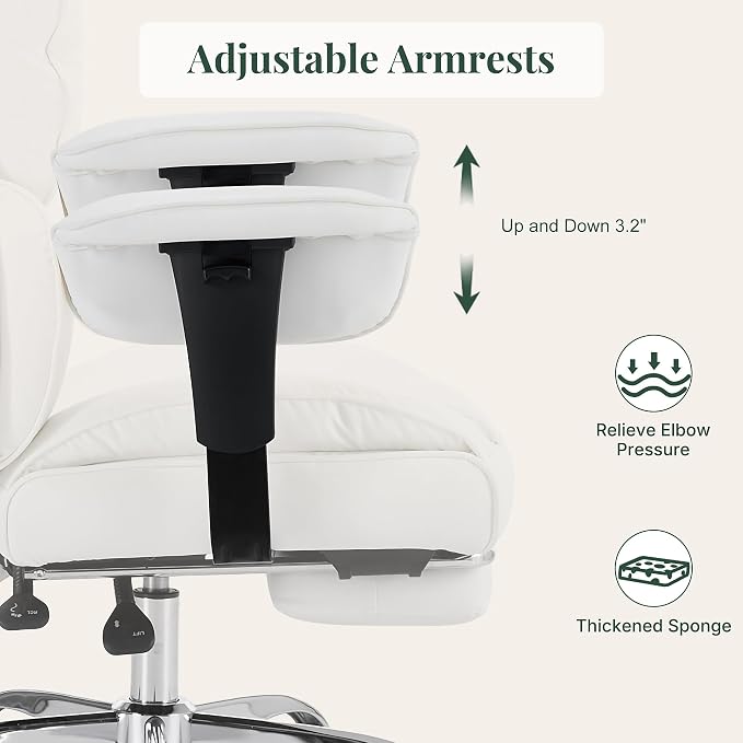 Big and Tall Office Chair 400 LBS, for Adults, Home Office | PU Leather, Executive Ergonomic Desk Chair with Footrest, Lumbar Support, Wide Seat ,Reclining, Adjustable Armrest, Beige - Image 9