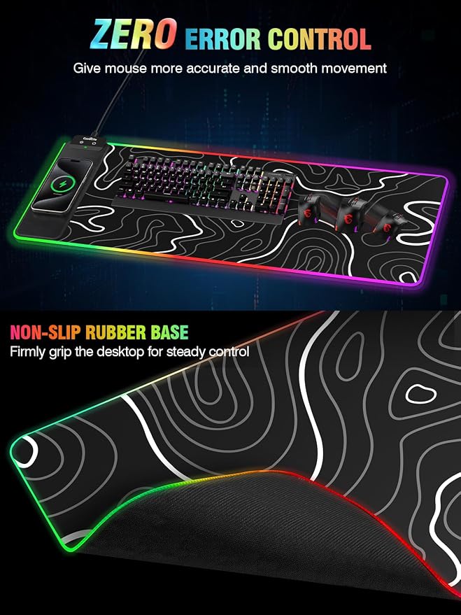 Wireless Charging RGB Gaming Mouse Pad, 31.5"x15.7" XXL Large Desk Mat | Desk Pad for Gamer, 9 Light Modes, Non-Slip Rubber Base, Waterproof Computer Keyboard Mat, Black and Topographic Line - Image 5