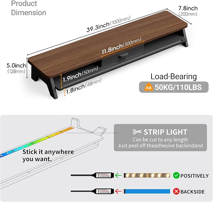 AFOOYO Dual Monitor Stand Riser,LED 2-Tier 39.3 Inch Computer Monitor Stand for 2 Monitors,Office Desktop Organizer with Storage Drawer and Phone Holder for Laptop,PC,Computer,Printer,Walnut - Image 7