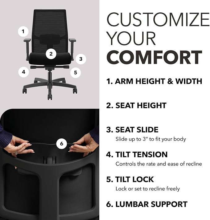HON Ignition 2.0 Ergonomic Office Chair, Lumbar Support, Desk Chair, Black | Ergonomic office desk chair with lumbar support, adjustable arms, office decor, workstation comfort for focused productivity - Image 4