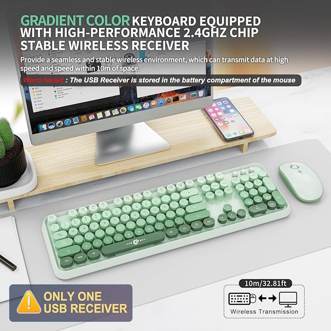 Wireless Keyboard and Mouse Combo - 2.4G Full-Sized Cute Colorful Mouse and Keyboard with 104 Round Keys Retro Typewriter Keyboard for Laptop/Windows/PC - Green Gradient - Image 2