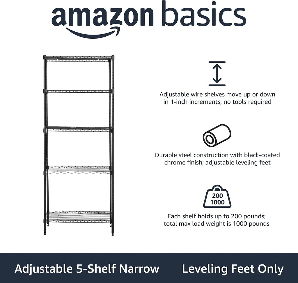 Amazon Basics 5-Shelf Multipurpose Adjustable Steel Garage Shelving Unit, Storage Rack for Kitchen, 200 lbs Per Shelf, Easy Assembly, 13.4"D x 23.2"W x 60"H, Black - Image 3
