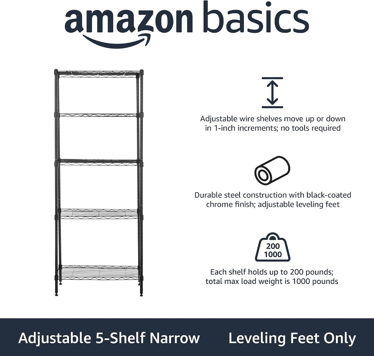 Amazon Basics 5-Shelf Multipurpose Adjustable Steel Garage Shelving Unit, Storage Rack for Kitchen, 200 lbs Per Shelf, Easy Assembly, 13.4"D x 23.2"W x 60"H, Black - Image 3
