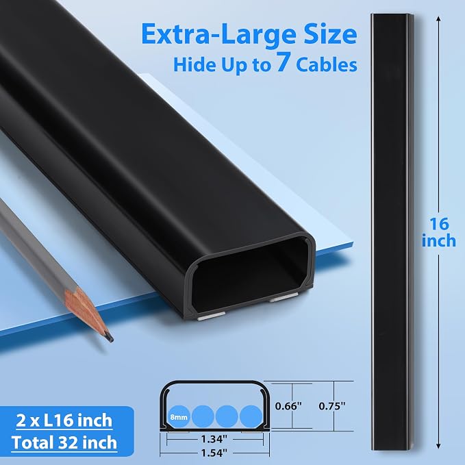 ZhiYo 32" Cord Covers for 4-7 Wires on Wall, Black, 1.54" W x 0.75" H | Paintable TV Cord Hider for Wall-Mounted TVs, Self-Adhesive Wire Cover for Walls, Easy Installation, 2 Pack (16" Each) - Image 2