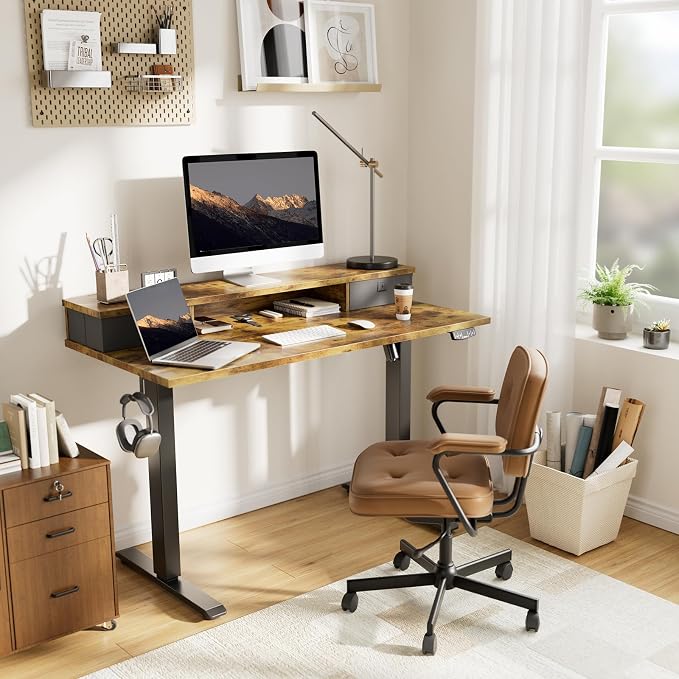 Agilestic 40 * 24 Inch Electric Standing Desk with Drawers, Rustic Brown | Electric Height Adjustable, 2 Storage Drawer, Monitor Stand, Sturdy Steel Frame, Memory Presets, Hooks, 154 lbs, Splice Board - Image 2