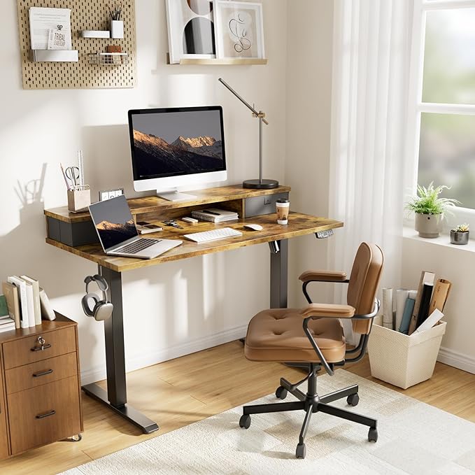 Agilestic 63 * 24 Inch Electric Standing Desk with Drawers, Rustic Brown | Electric Height Adjustable, 2 Storage Drawer, Monitor Stand, Sturdy Steel Frame, Memory Presets, Hooks, 154 lbs, Splice Board - Image 2