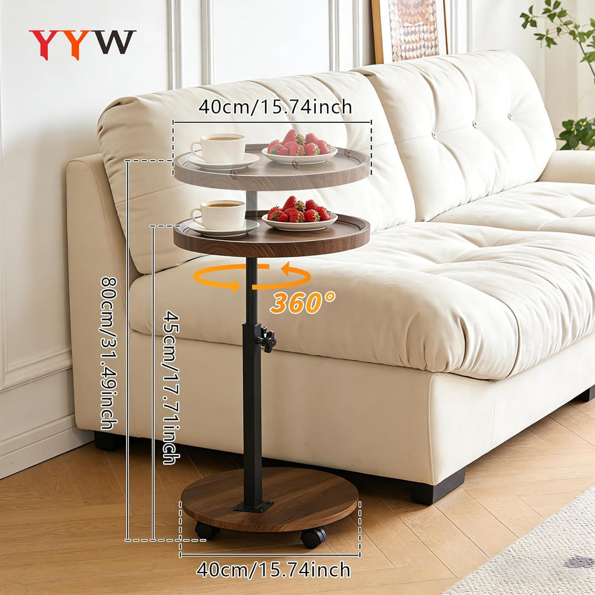 C Table End Table Adjustable Height, Couch Tables That slide under for Small Spaces, 360°Swivel TV Tray Table, C Shaped Side Tables Living Room and Bedroom for Sofa, Bed, Chair, Snack (Walnut Brown) - Image 2