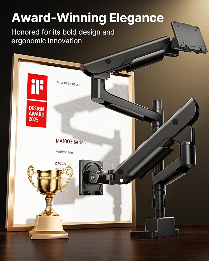 monTEK Dual Ultrawide Monitor Arm for 17-57" Screens, USB, Black | USB-A/C ports, pneumatic lift, quick-release VESA 75/100 plates, clamp/grommet bases and hidden cable routing - Image 2