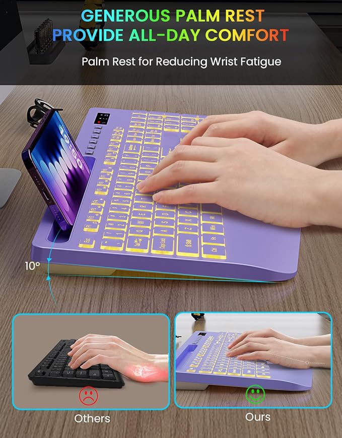 Wireless Keyboard, 7 Colored Backlits, Wrist Rest, Phone Holder-Purple | Rechargeable Ergonomic Computer Keyboard with Silent Keys, Full Size Lighted Keyboard for Windows, Mac, PC, Laptop - Image 3