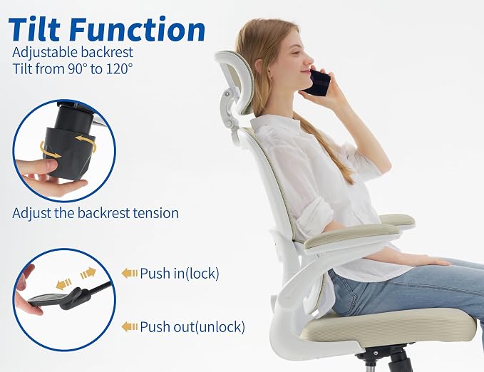 TRALT Ergonomic Office Chair Desk Chair with Adjustable Lumbar Support | Home Office Desk Chairs with Flip-up Armrests & 3D Headrest - Mesh Gaming Chairs for Adults, 330lbs, PU Leather (Beige, 1) - Image 7