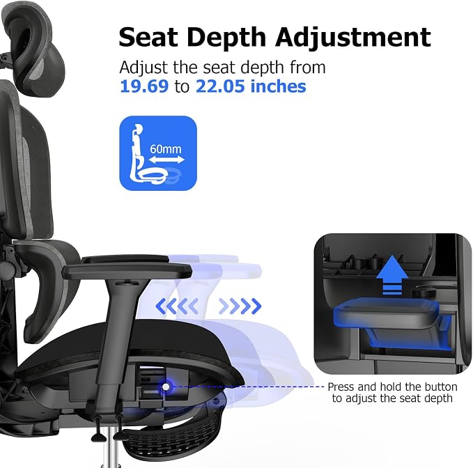 Ergonomic Office Chair with Footrest, Big and Tall Desk Chair with Adjustable Lumbar Support, Seat Depth & 3D Armrests, High Back Mesh Computer Chair for Home Office, Black - Image 6