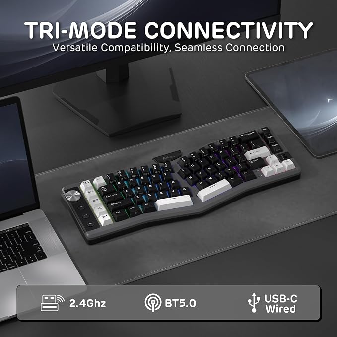 RK ROYAL KLUDGE A72 Alice Ergonomic Wireless Mechanical Keyboard,Split Ergo | Gasket RGB Gaming Keyboard w/Knob/Macro Keys/Touchable Nameplate, BT/2.4GHz/USB-C, 5-Layer Noise Dampening, Win/Mac Software - Image 4