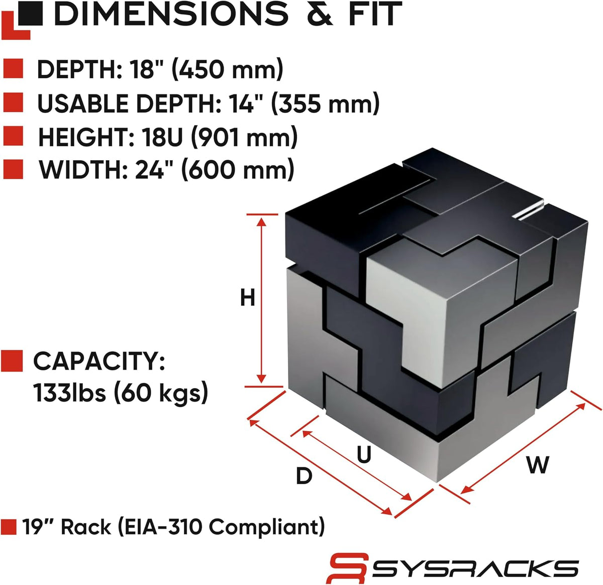Sysracks 18U Wall Mount Server Rack Cabinet, 18-Inch Deep, Black - Image 3