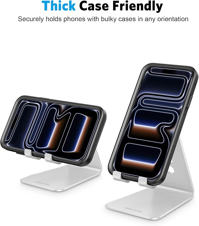 OMOTON C2 Adjustable Aluminum Cell Phone Stand with Charging Cutout, Silver | Sturdy 3mm Base with Non-Slip Silicone Pads, Multi-Angle, Works with 19mm Thick Cases Smartphones, Desktop Recording Facetime - Image 8