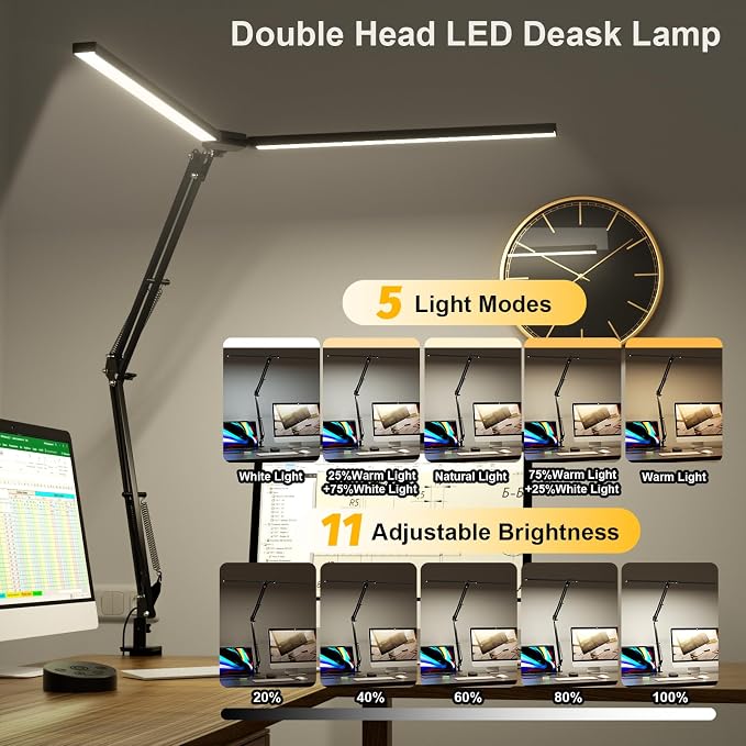 Led Desk Lamp for Home Office - 2400LM Ultra Bright Desk Light -Eye Caring Desk Lamp with Clamp - Adjustable Office Lamp with Remote Control- Easy Installation - 24W Black - Image 5