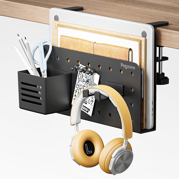 Desk Side Storage Organizer, Fits Flat Edge 0.4" to 2.2", Black | No Drill Under Desk Laptop Holder, Clamp on Desks Shelf with Pegboard Accessories, Hanging Laptop Mount by Pegzone