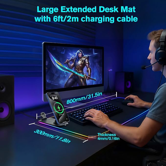 ELUTENG 4-in-1 RGB Gaming Mouse Pad with Wireless Charging & Phone Holder | 31.5"x11.81" Large Waterproof Desk Mat, Ultra-Smooth Non-Slip Keyboard Pad for Home & Office - Image 3