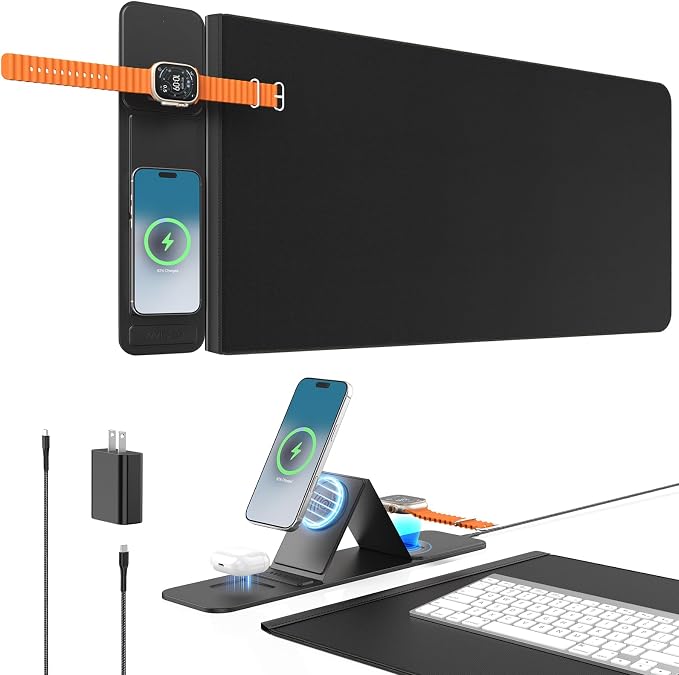 2nd Gen Wireless Charging Desk Mat,3-in-1 Foldable Phone Holder Mouse Pad | 35.43"x15.75" Large Desk Mat,2nd Gen Wireless Charging Tech,Charges Phone, AirPods & Watch,Includes 35W PD Adapter by AWEXEO