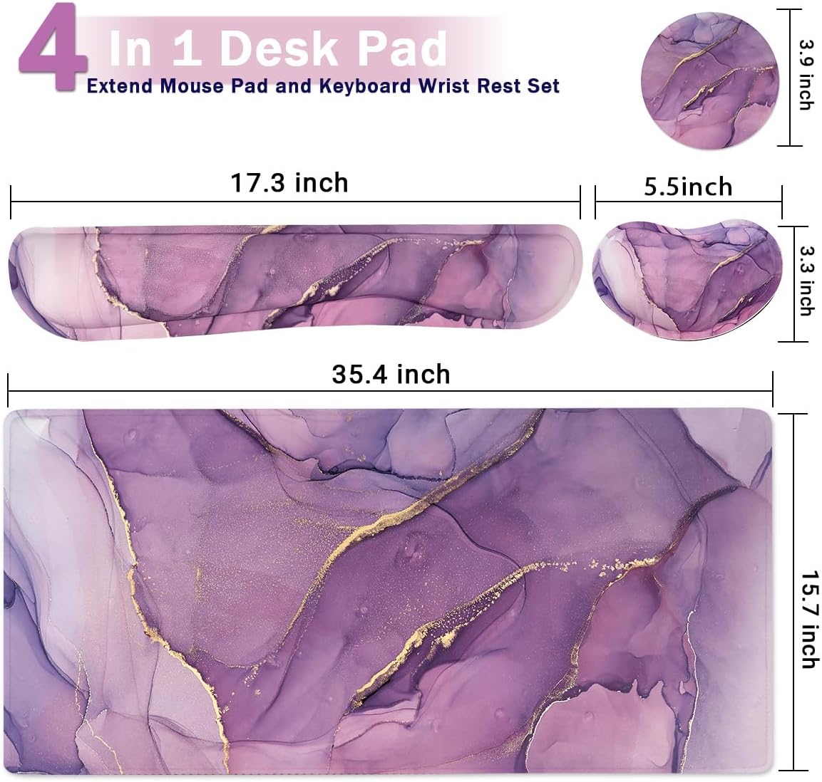 Large Mouse Pad and Keyboard Wrist Rest, Desk Pad for Keyboard and Mouse, 4-in-1 Large Gaming Mouse Pad with Wrist Support, Desk Mat for Home Office Study Game-Purple - Image 2