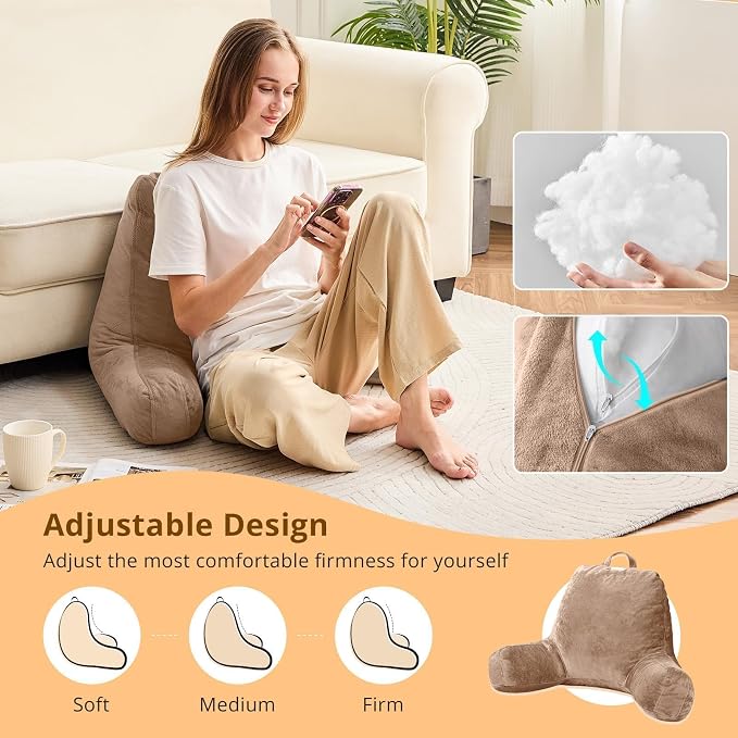 Sasttie Reading Pillow for Bed, Back Pillow for Sitting Up, Light Brown | 18" Backrest Support Cushion for Couch, Sofa, and Floor, Dorm Essentials, OEKO-TEX, Adjustable Down Alternative Fill - Image 4