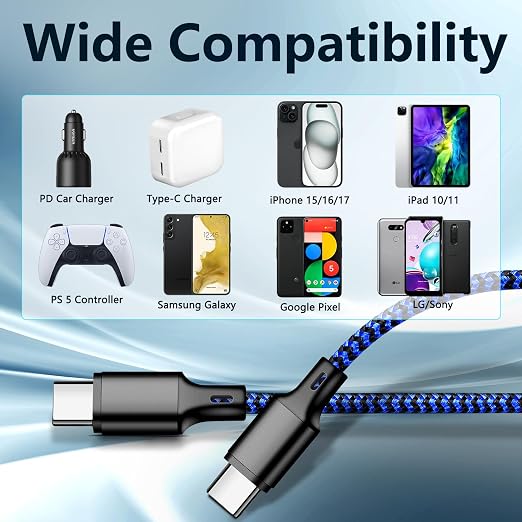USB C to USB C Cable, 3 Pack 6ft Type C Fast Charger Cord (Blackblue) | Nylon Braided High-Speed Data Transfer Wire for iPhone 17/16/15 Plus/Pro Max iPad Air Ps5 Controller Samsung Galaxy - Image 6