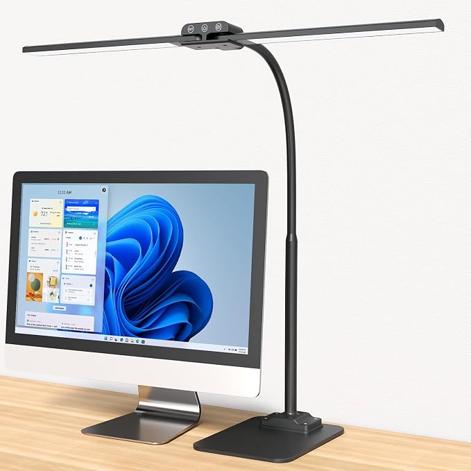 LED Desk Lamp Double Light: 1200LM Desk Light Base for Home Office, Black | Dual Screen Computer Monitor Light, Architect Table Lamp for Working Reading Drafting,Dimmable 4 Colors Memory 30-Min Timer by KableRika