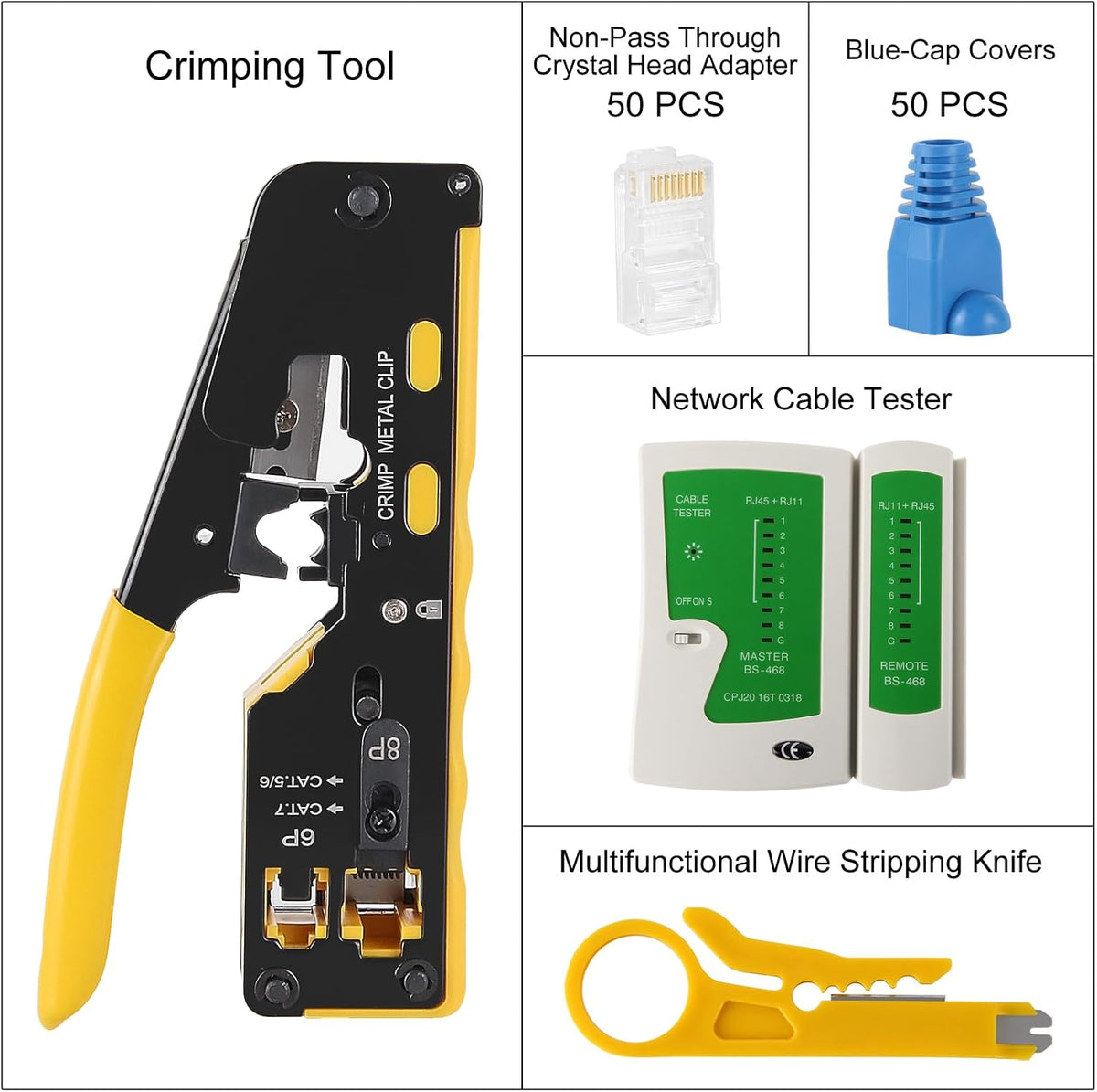 RJ45 Crimp Tool Kit with Network Cable Tester All-in-One Pass Through Ethernet Crimper Stripper Cutter for Cat7/Cat6/Cat5 Telephone Connectors Network Enthernet with Cat6 RJ45 Connectors Boots - Image 2