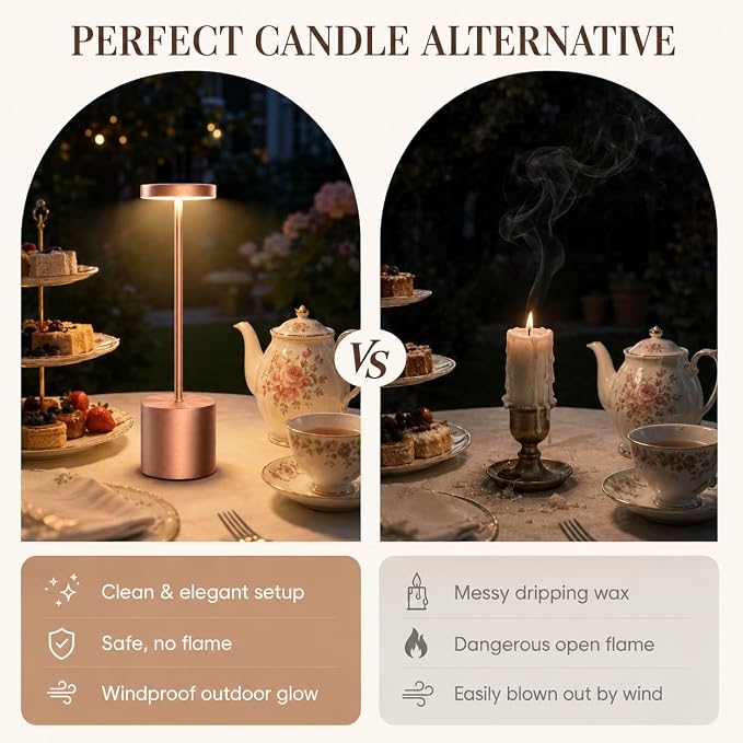 AUDLES Cordless Table Lamp, 5000mAh Rechargeable Lamp with Touch Control & Stepless Dimming, 3 Light Modes, IP54 Waterproof Portable Light for Dining Table, Patio, Bathroom, Power Outage (Rose Gold) - Image 2
