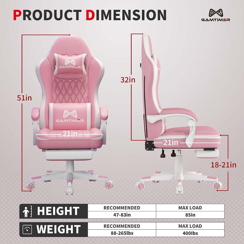 Gaming Chair, Computer Office Chair with Pocket Spring Cushion, 400 LBS Weight Capacity, Breathable PU, Headrest & Lumbar Support, for Silla Gamer Adults(Pink) - Image 3
