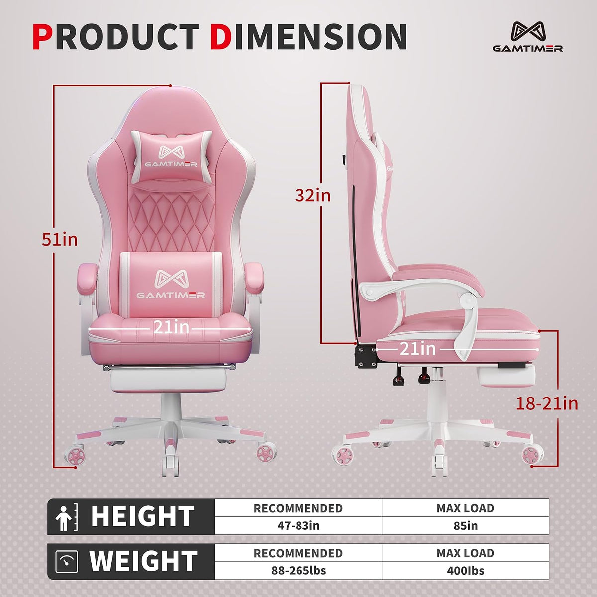 Gaming Chair, Computer Office Chair with Pocket Spring Cushion, 400 LBS Weight Capacity, Breathable PU, Headrest & Lumbar Support, for Silla Gamer Adults(Pink) - Image 3