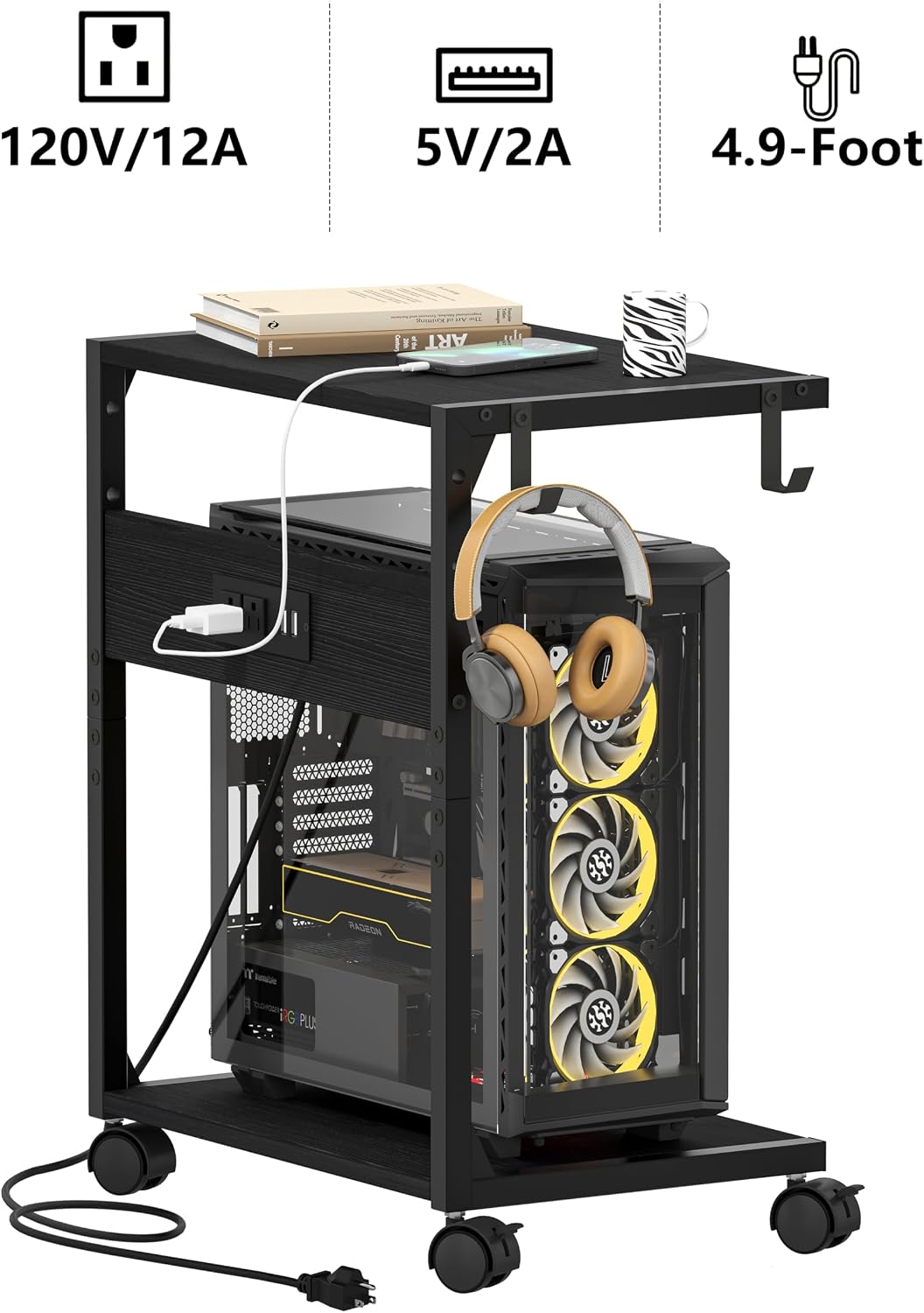 2 Tier Computer Tower Stand with Charging Station, 11.8" D x 16.5" W Rolling Floor PC Tower Stand Fits Under Desk, CPU Holder Cart for Carpet with Hooks, Home Office - Image 7