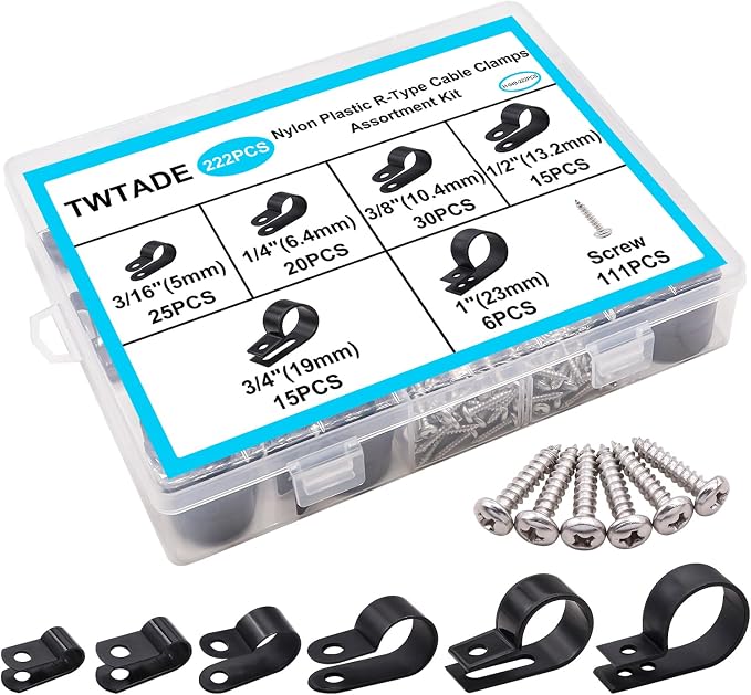 TWTADE 222PCS Black Cable Clamps Assortment Kit,Nylon Plastic R-Type 6 Sizes 3/16'' 1/4'' 3/8'' 1/2'' 3/4'' 1'' Cable Mounting Wire Clips Fastener with Screws for Wire Management by TWTADE