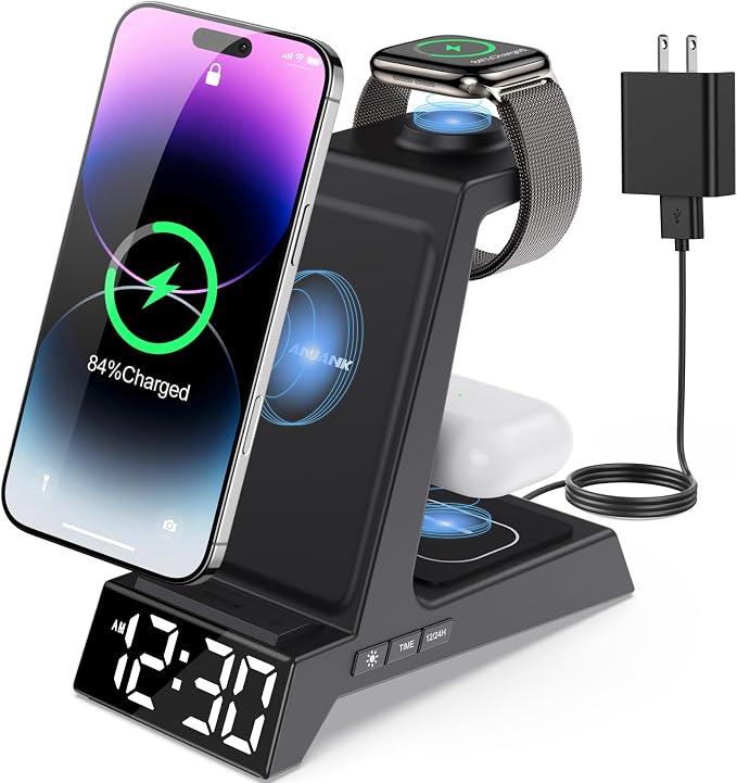 ANJANK 4 in 1 Wireless Charging Station Alarm Clock, Charging Dock for Apple Devices, Charger Stand for iPhone 17 Air 16 15 14 13 12 Series for Apple Watch 11 10 9 8 7 6 5 UItra/SE & AirPods, Dimmable by ANJANK