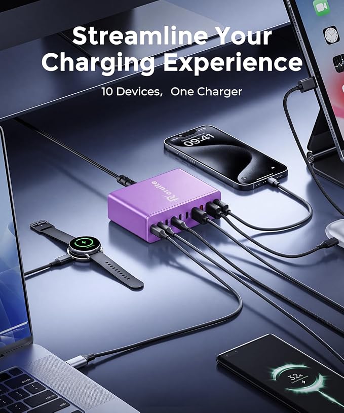 USB C Charging Station 10 Port with 4 Cables,245W GaN Charger Block | Type C Wall Charger Power Strip Adapter Plug for iPad iPhone17 16 15 14 13 12 Pro Max Pixel Note Galaxy Purple - Image 4