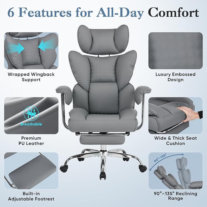 DUMOS Big and Tall Home Office Desk Chair, Executive Chair with Footrest | Scratch-Resistant PU Leather, Ergonomic Reclining, Pocket Spring Support, 400 LBS Weight Capacity, Grey - Image 5