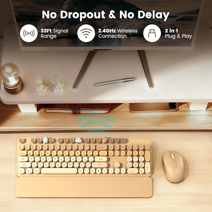 Wireless Keyboard and Mouse Combo, Full-Size Retro Typewriter Keyboard with Round Keycaps, Magnetic Wrist Rest & Tilt Legs, 2.4GHz Cordless for Mac/Windows PC/Laptop, SABLUTE CK23, Latte Gradient | Full-Size Retro Typewriter-Style Keyboard, Tilt Legs, ... - Image 5